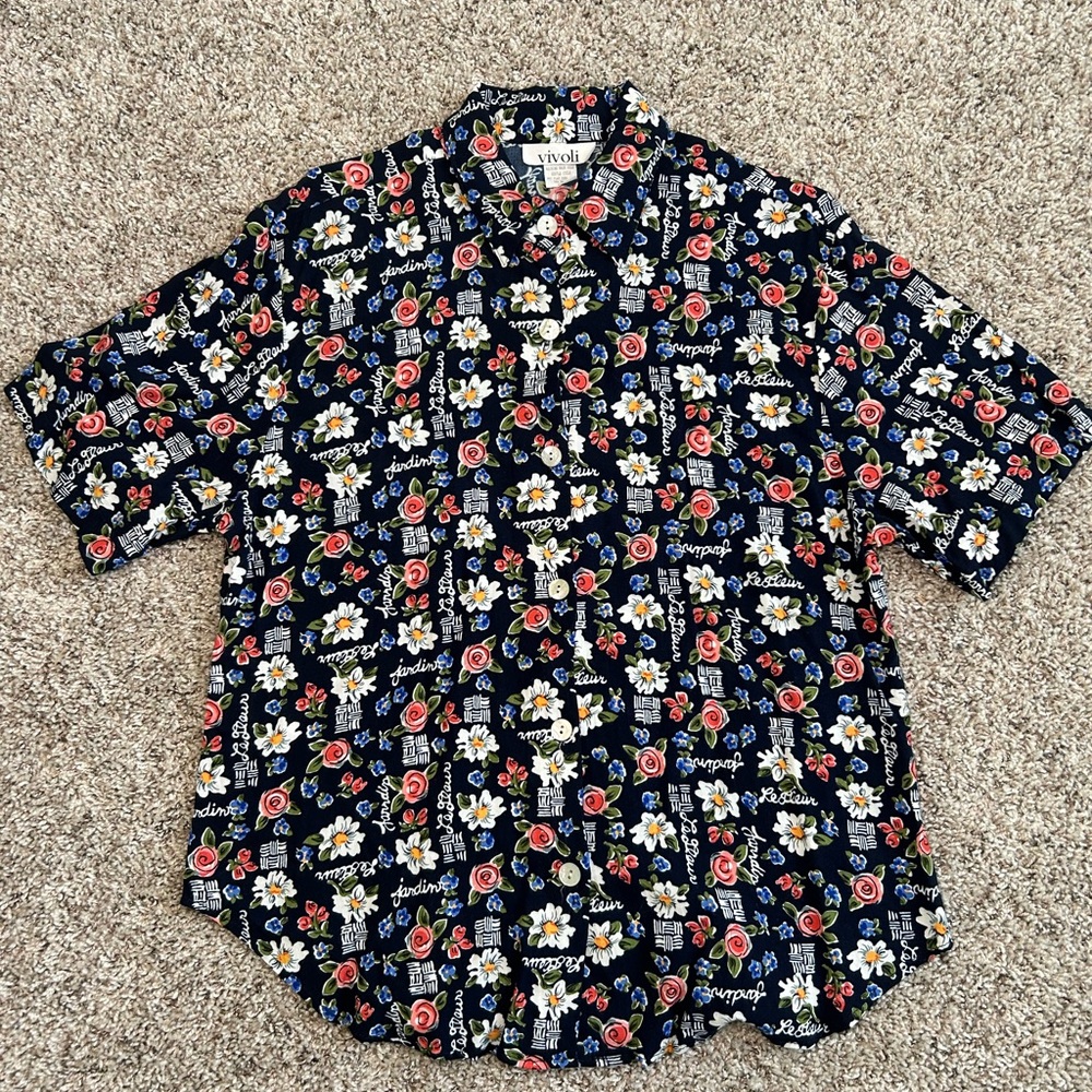Vintage 90s Vivoli Rayon Floral Matching Set Womens Large Button Shirt and Short
